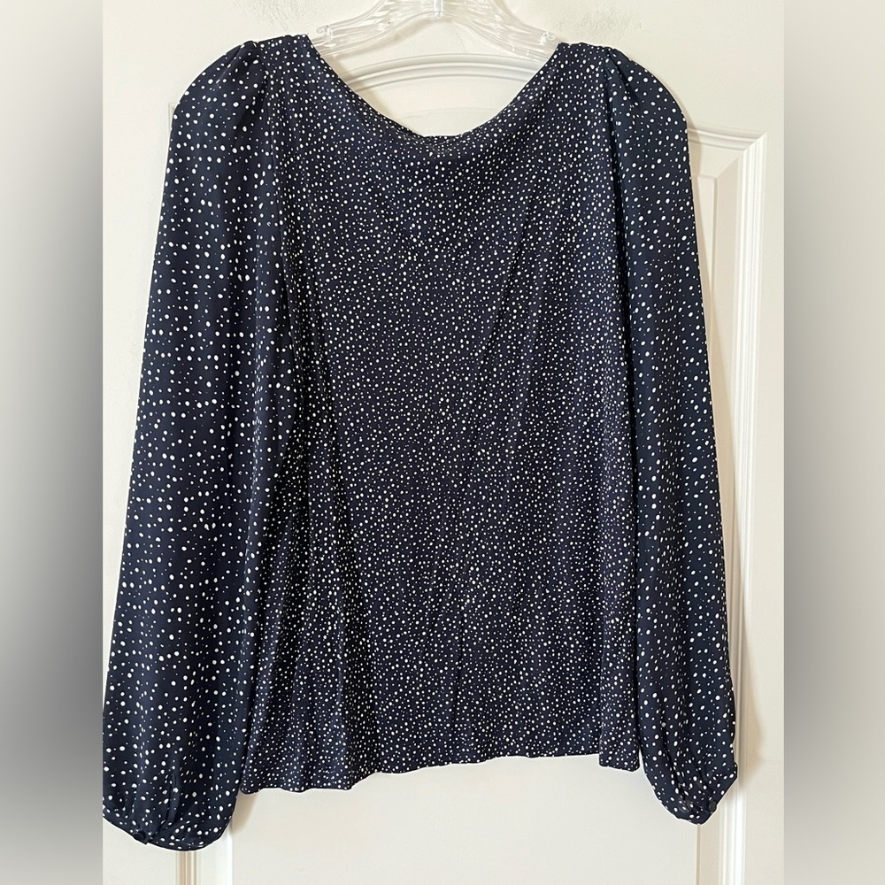 LOFT Navy Blue Speckled Dots Blouse Rayon Blend Women’s Size Small - Picture 5 of 16